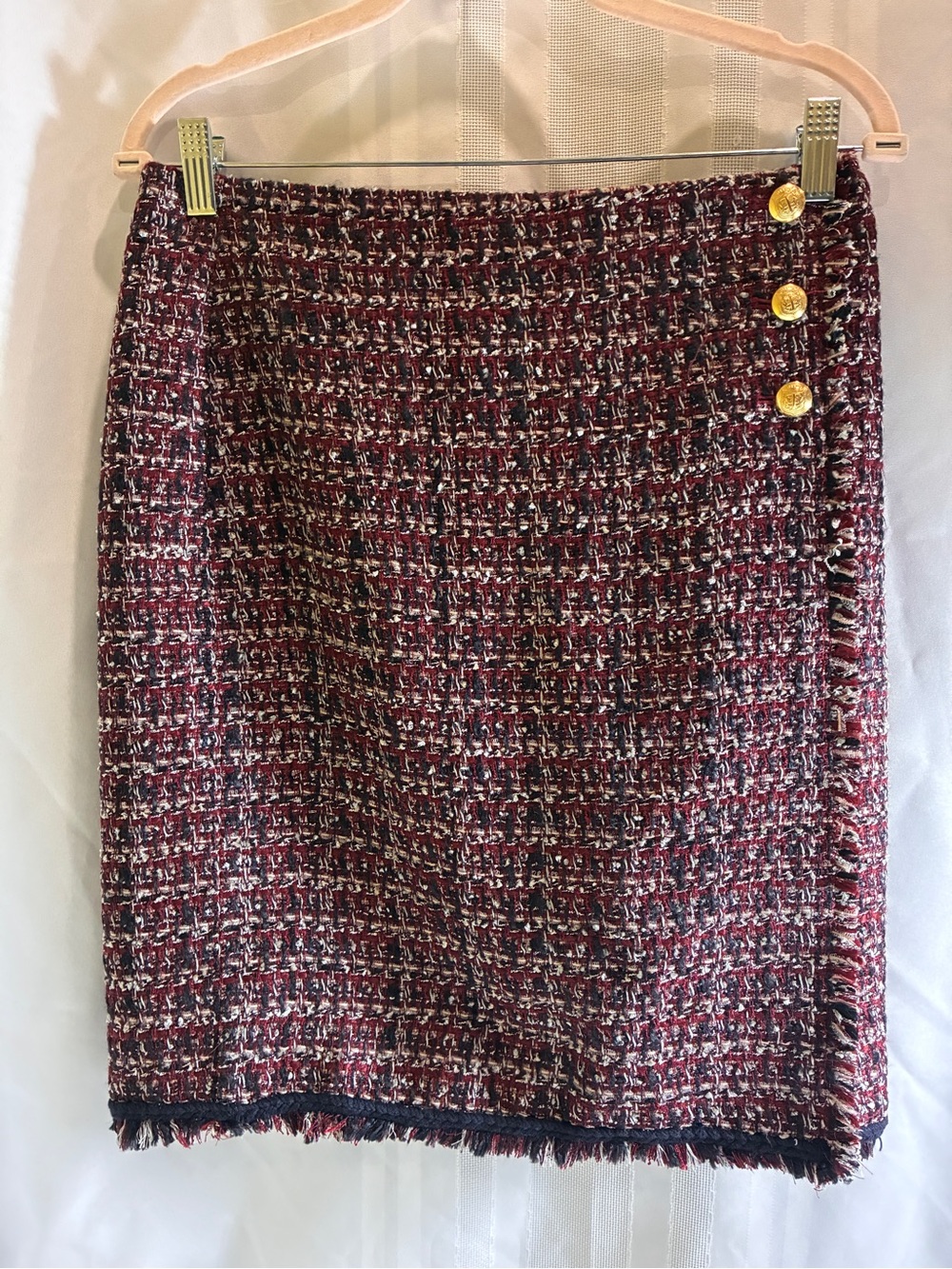 Talbots Burgundy Tweed Pencil Skirt with Gold Buttons